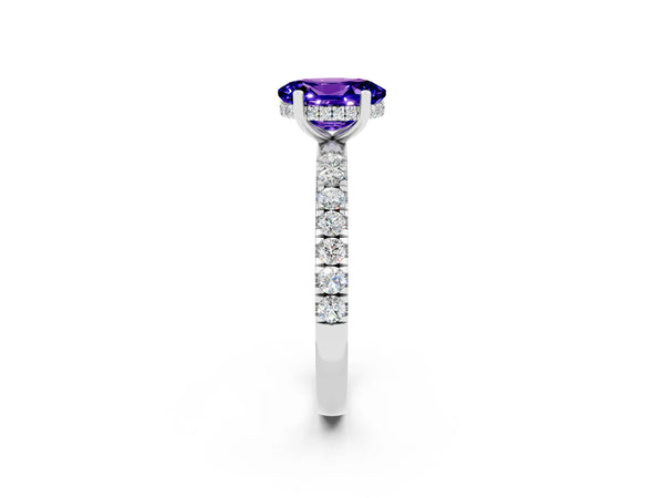 Platinum Oval Cut Tanzanite Pave Band Solitaire Ring with Round  and Prong Setting