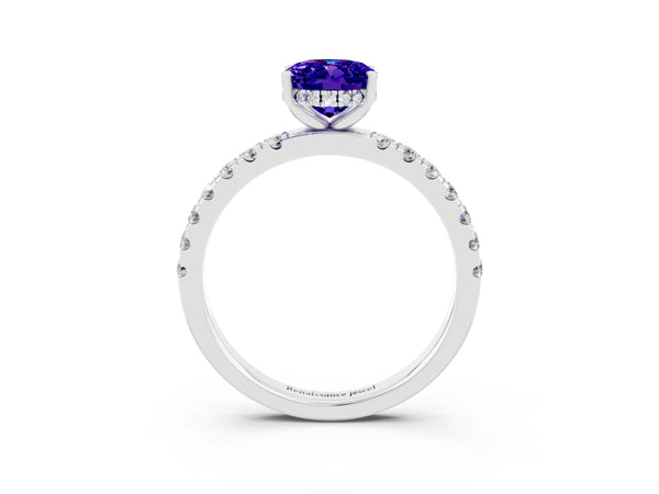 Silver Oval Cut Tanzanite Pave Band Solitaire Ring with Round  and Prong Setting