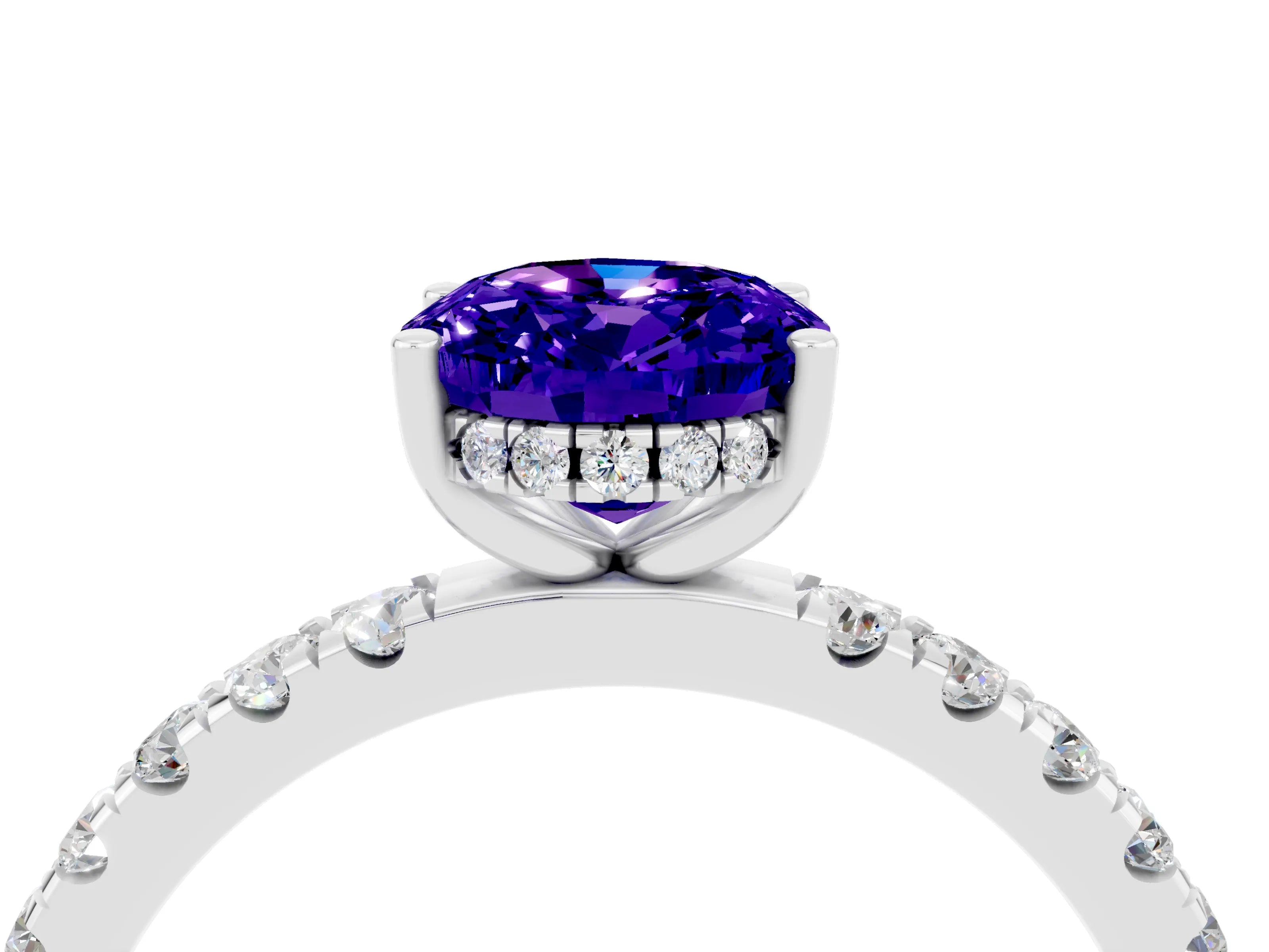 White gold Oval Cut Tanzanite Pave Band Solitaire Ring with Four-Prong Setting_28