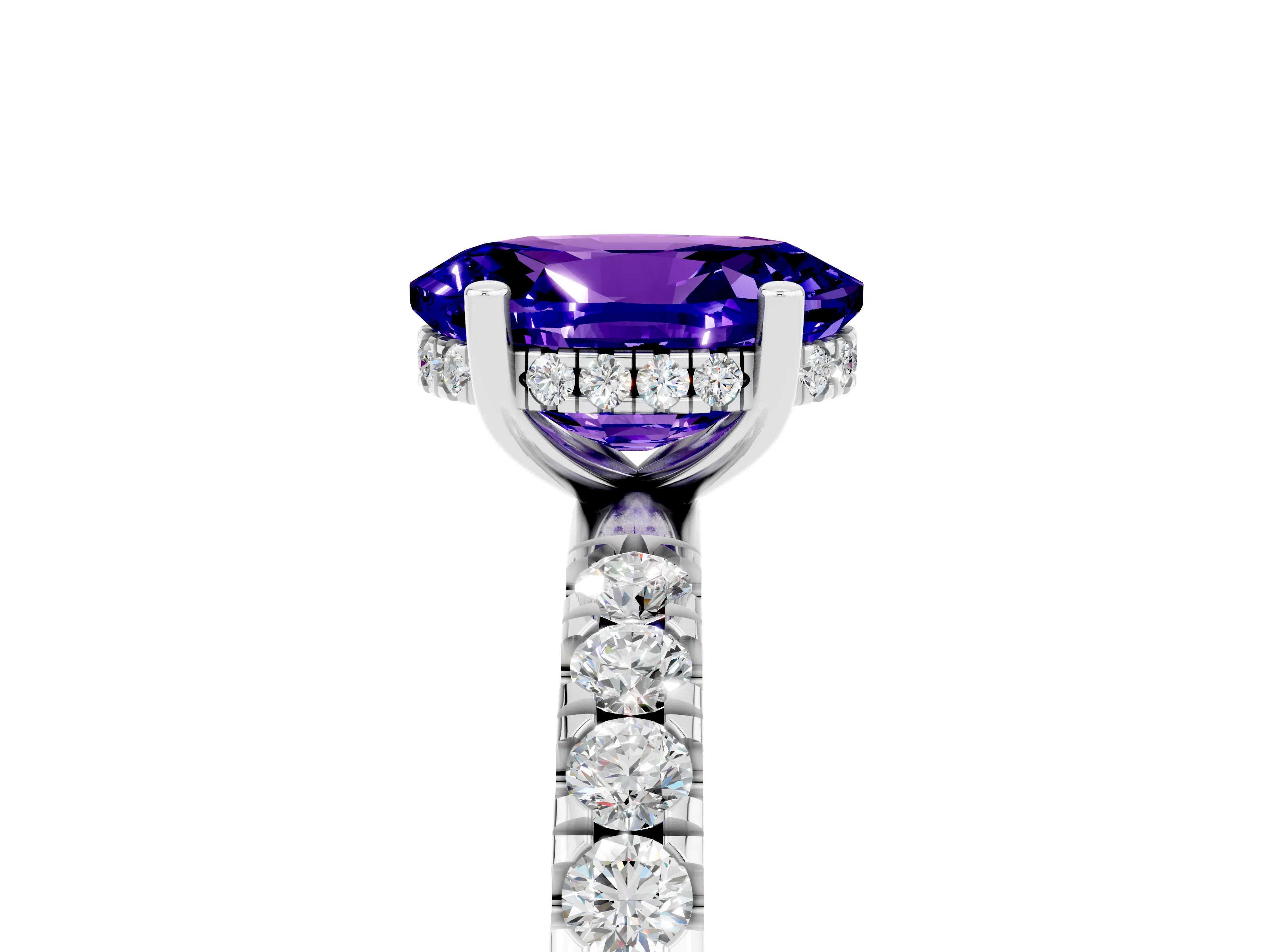 White gold Oval Cut Tanzanite Pave Band Solitaire Ring with Four-Prong Setting_29