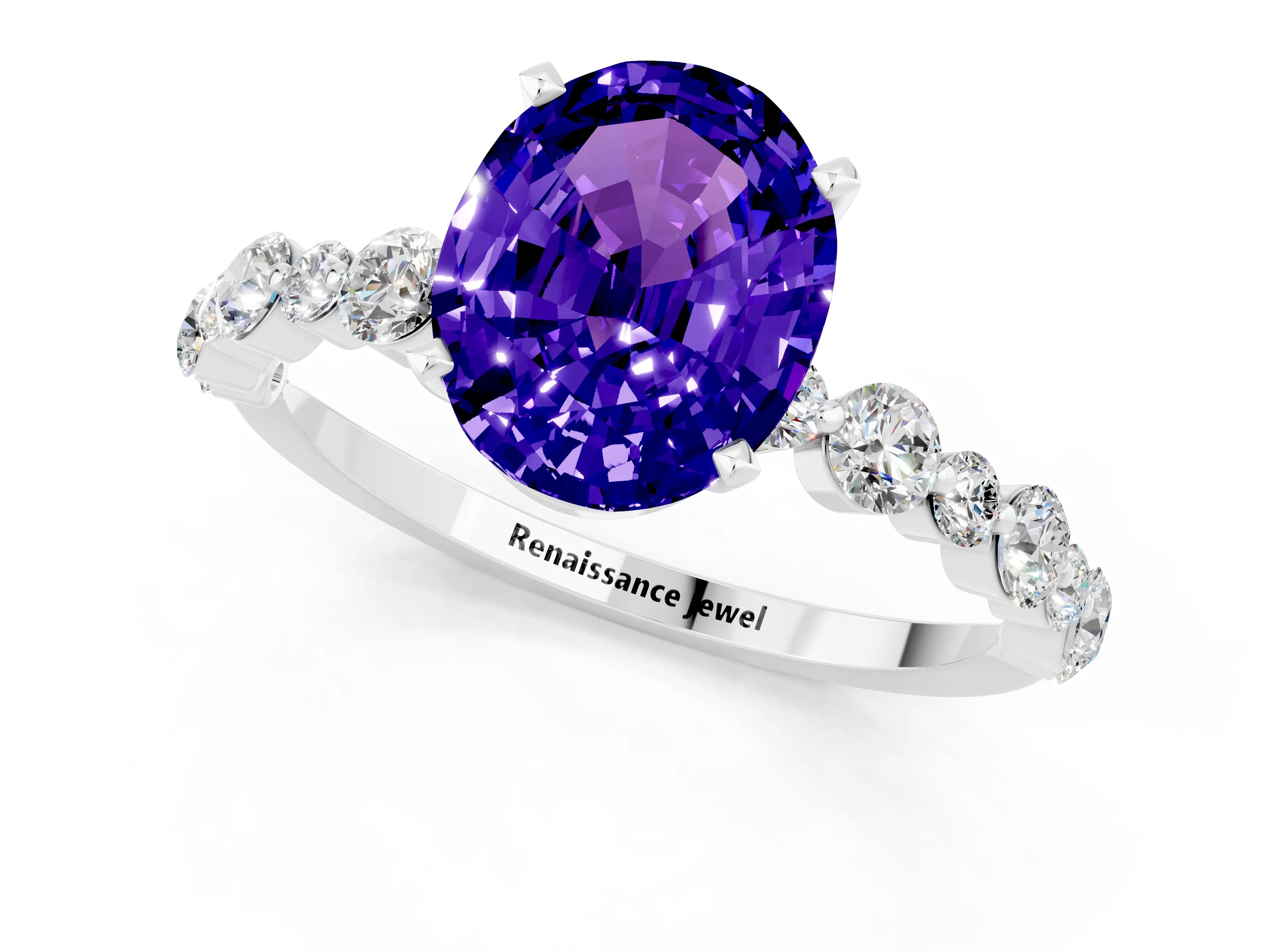 White gold Oval Cut Tanzanite Prong Set Engagement Ring with Pavé Band_1