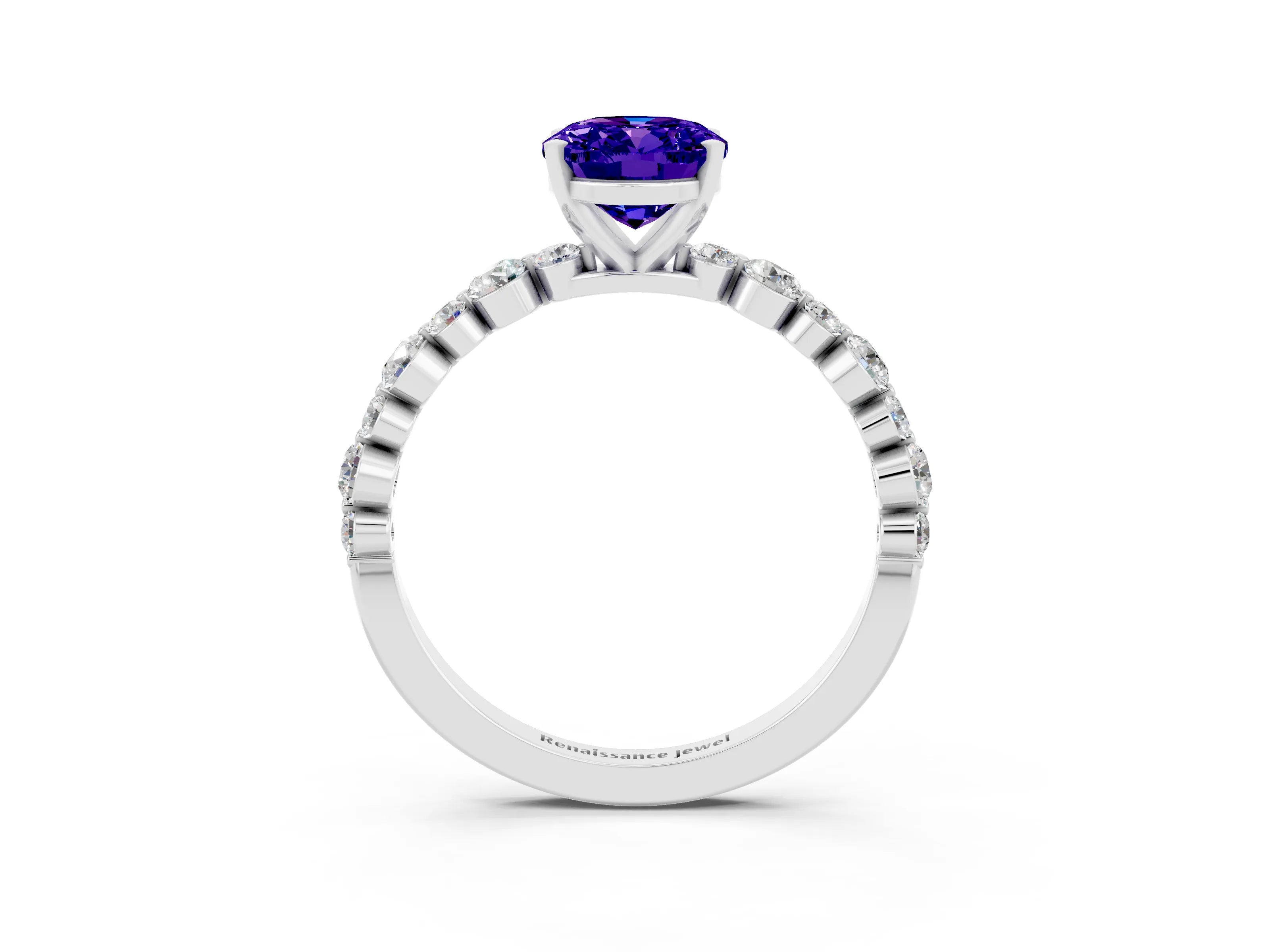 White gold Oval Cut Tanzanite Prong Set Engagement Ring with Pavé Band_3