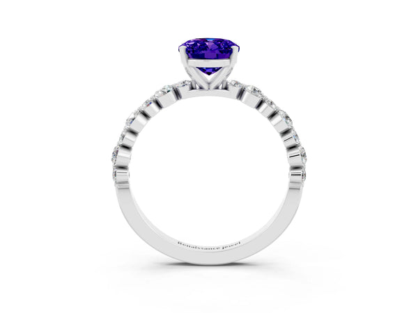 White gold Oval Cut Tanzanite Prong Set Engagement Ring with Pavé Band