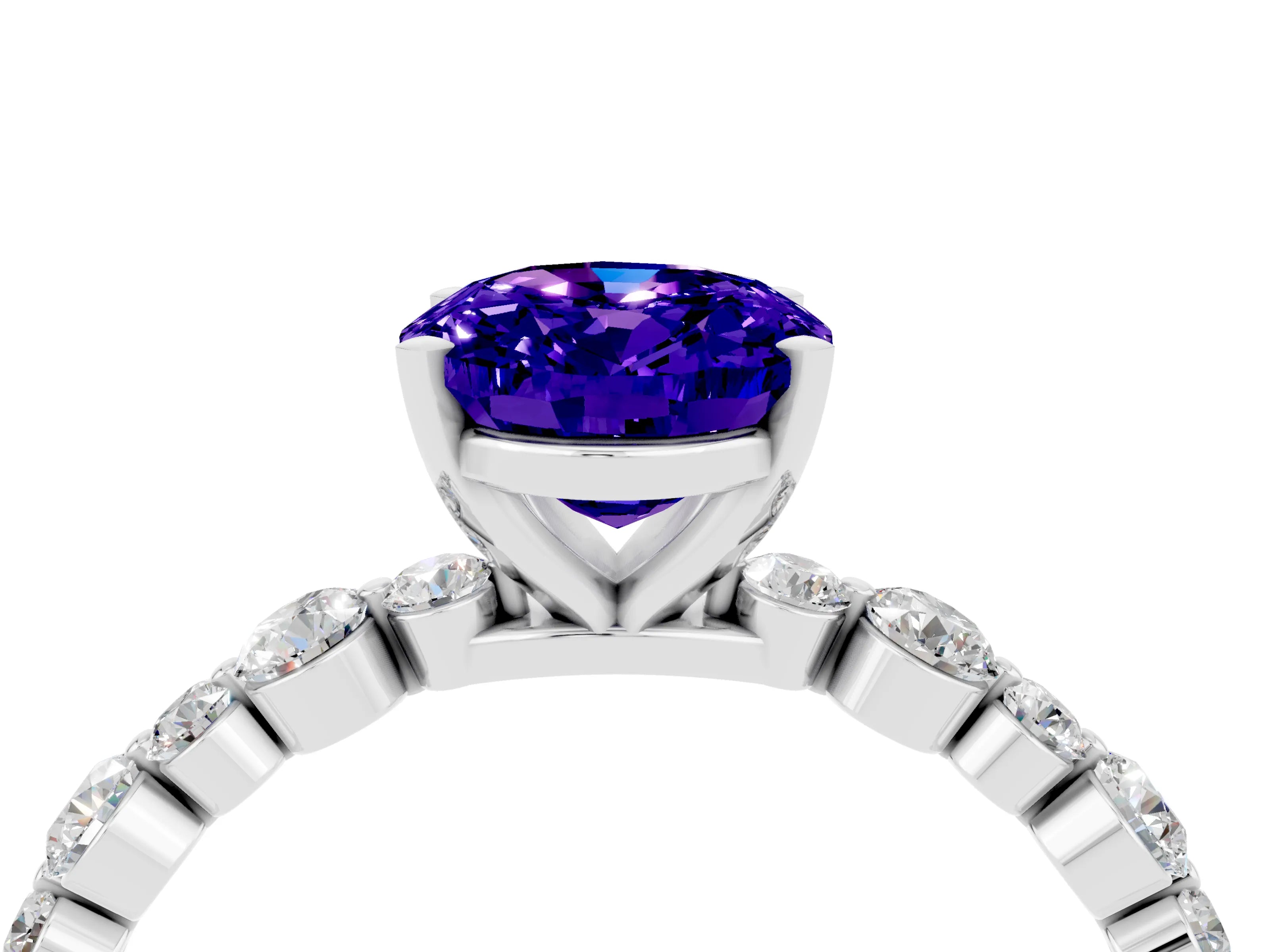 White gold Oval Cut Tanzanite Prong Set Engagement Ring with Pavé Band_4