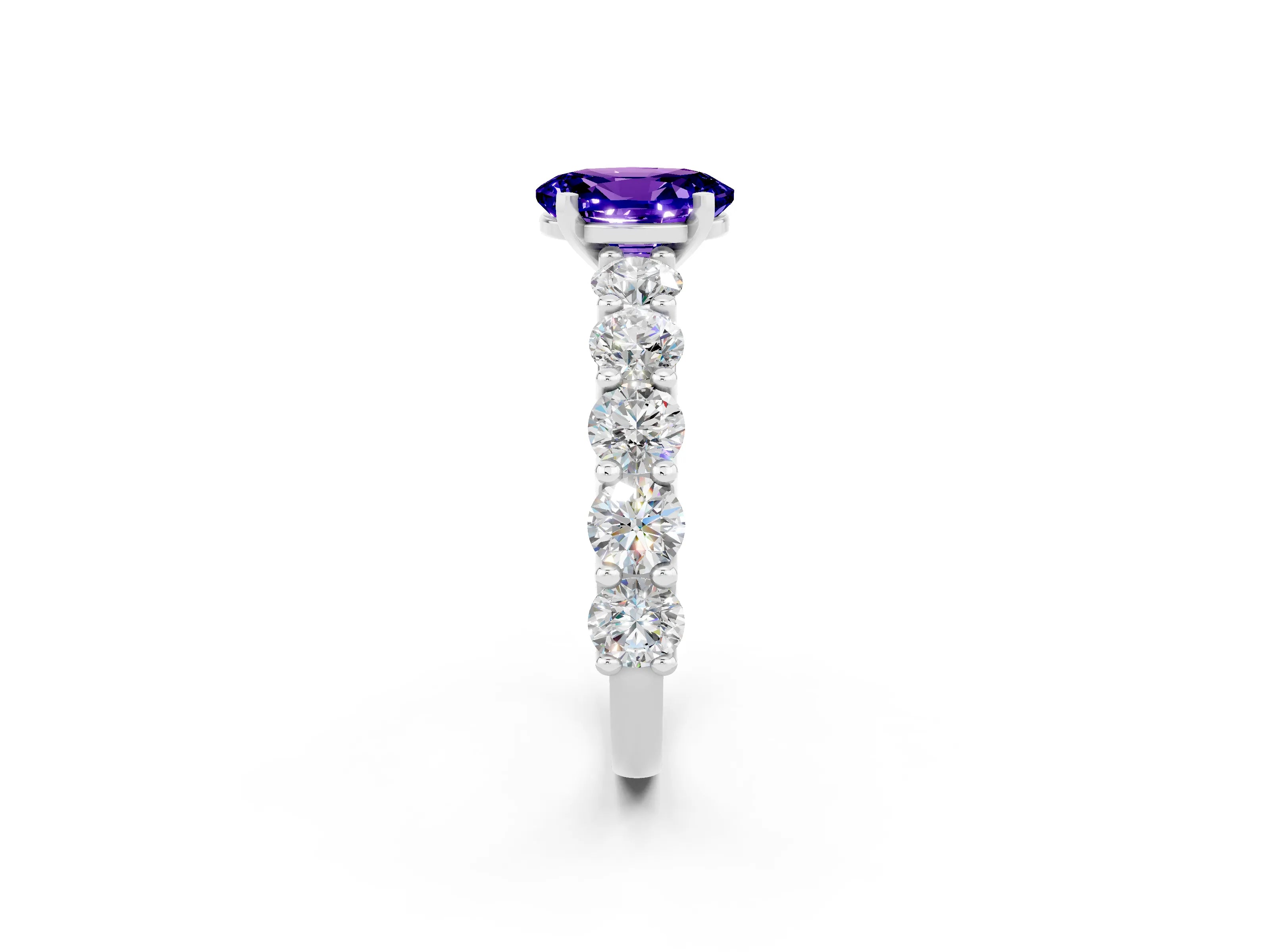 White gold Oval Cut Tanzanite Prong Setting with Side Stones on a Pave Band_2