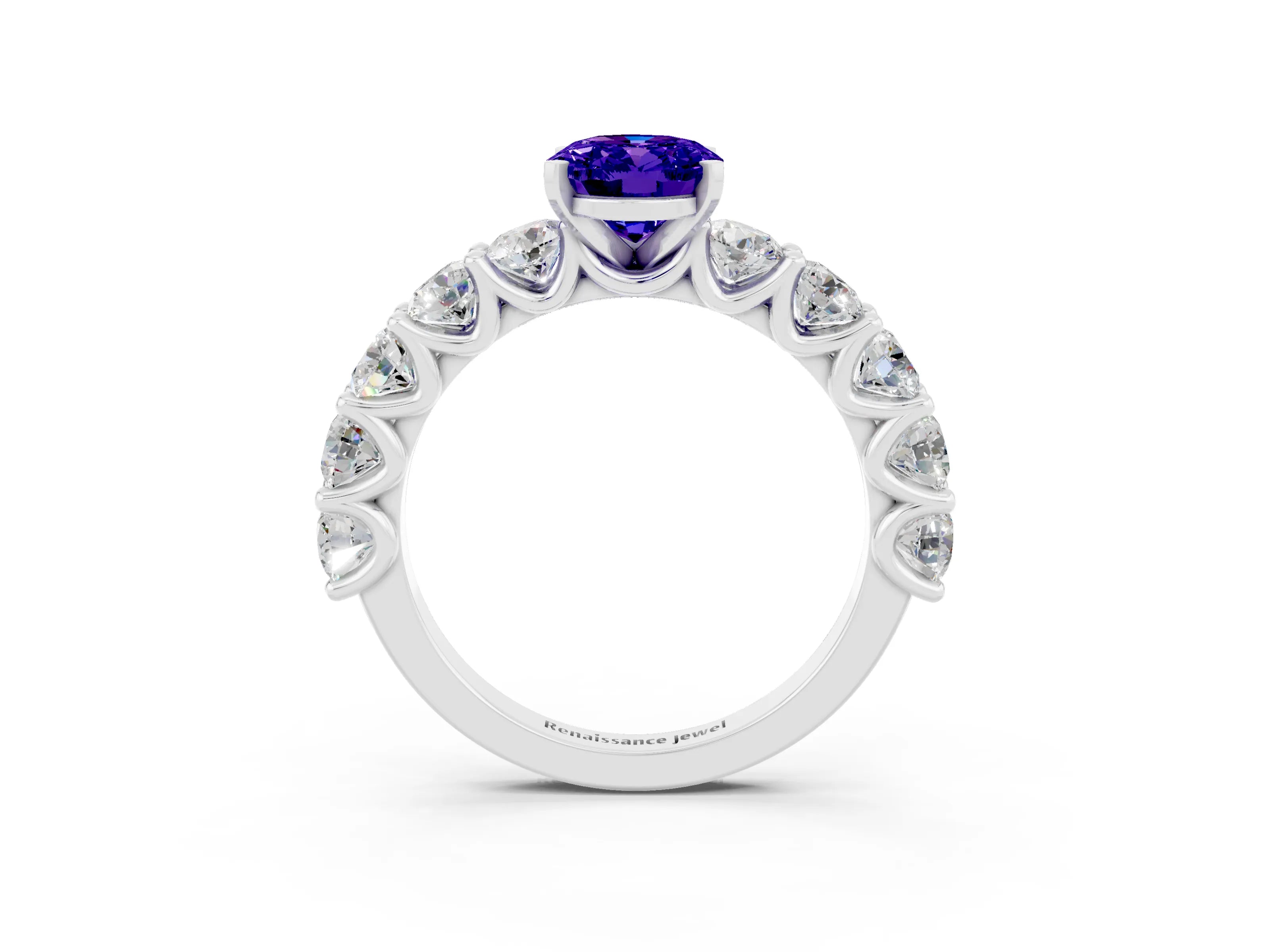 White gold Oval Cut Tanzanite Prong Setting with Side Stones on a Pave Band_3