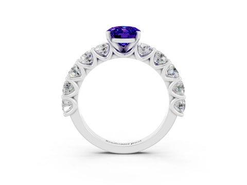 White gold Oval Cut Tanzanite Prong Setting with Side Stones on a Pave Band_3