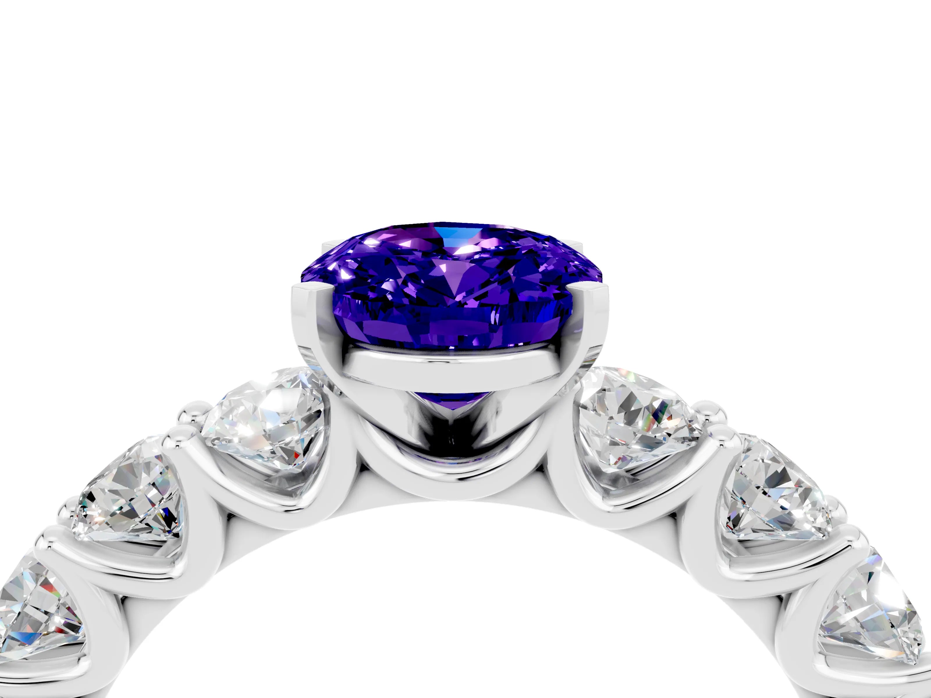 White gold Oval Cut Tanzanite Prong Setting with Side Stones on a Pave Band_4