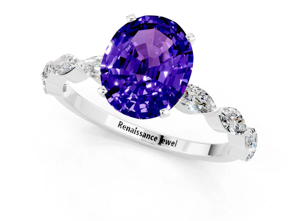 Silver Oval Cut Tanzanite Ring with Marquise Side Stones and Prong Setting