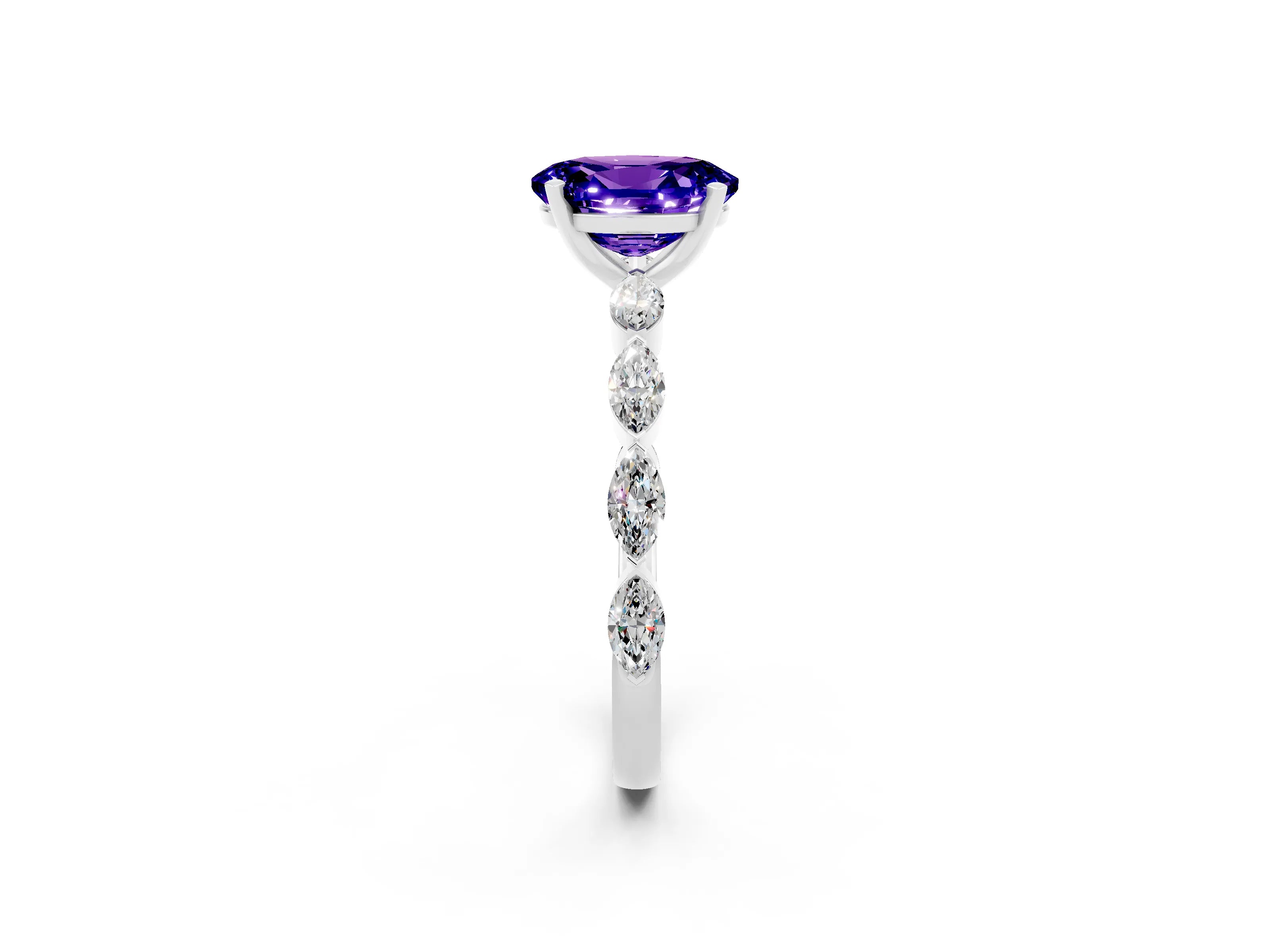 White gold Oval Cut Tanzanite Ring with Marquise Side Stones and Prong Setting_2