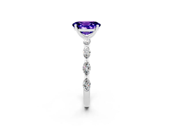 Silver Oval Cut Tanzanite Ring with Marquise Side Stones and Prong Setting