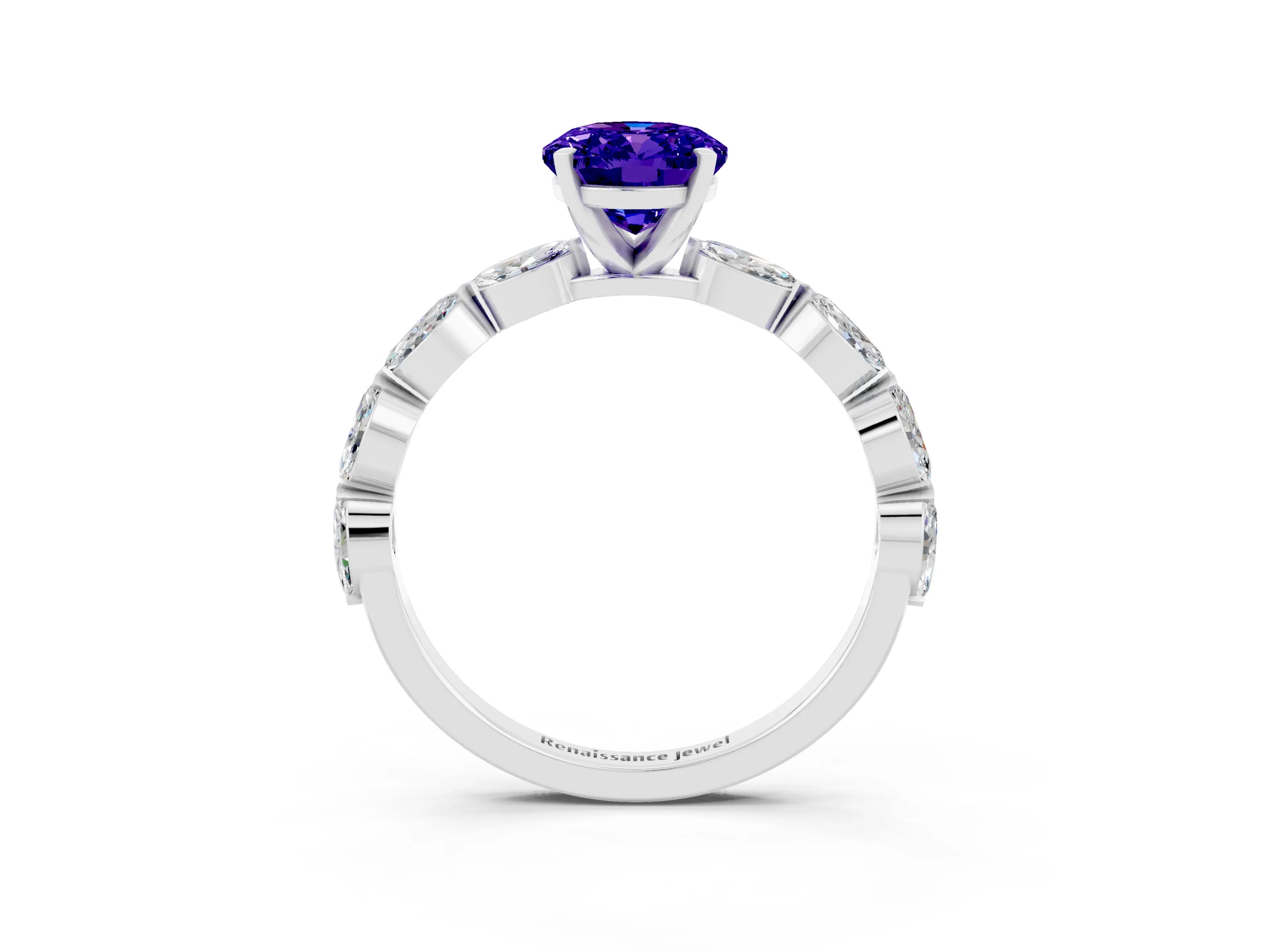 White gold Oval Cut Tanzanite Ring with Marquise Side Stones and Prong Setting_3