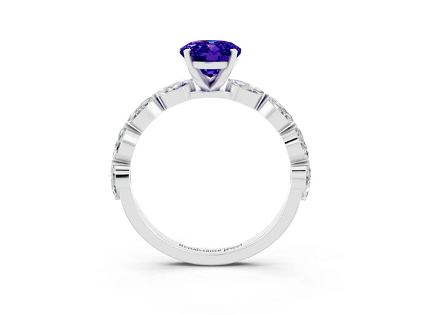 White gold Oval Cut Tanzanite Ring with Marquise Side Stones and Prong Setting