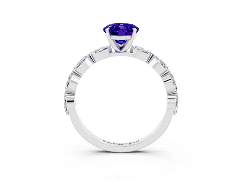 White gold Oval Cut Tanzanite Ring with Marquise Side Stones and Prong Setting_3