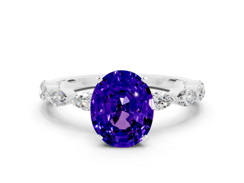White gold Oval Cut Tanzanite Ring with Marquise Side Stones and Prong Setting