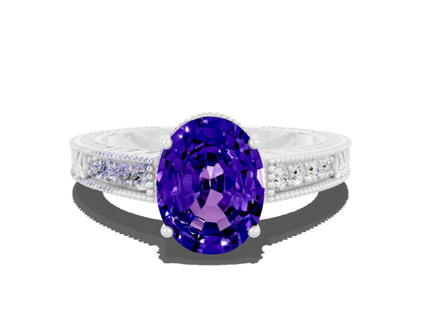 Platinum Oval Cut Tanzanite Ring with Milgrain Pavé Band and Four-Prong Setting