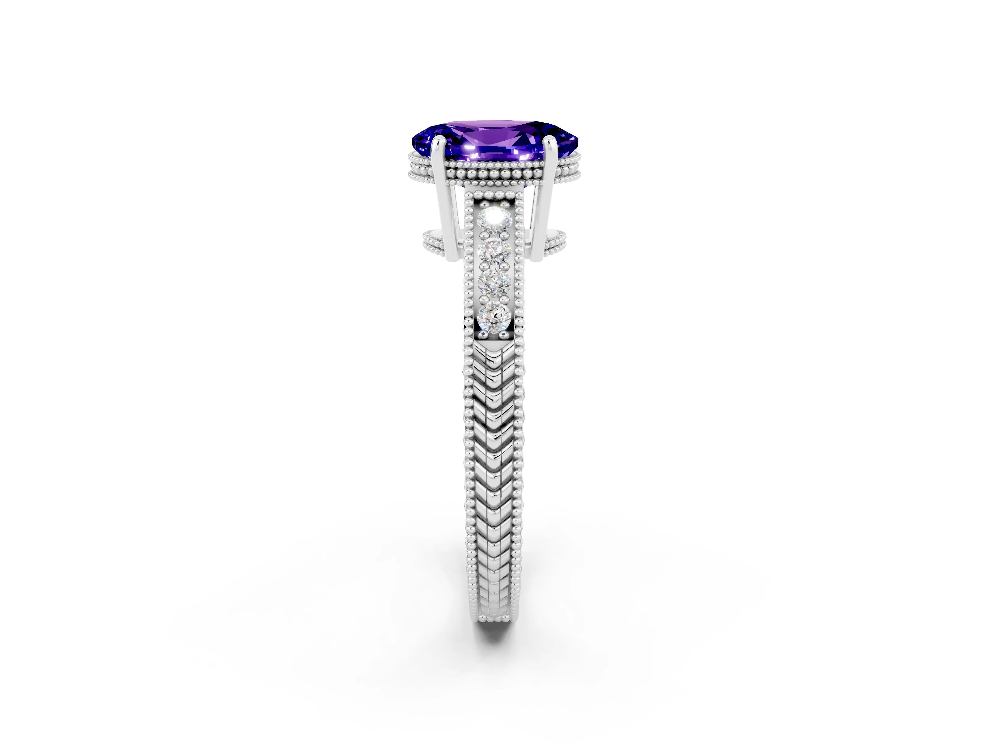 White gold Oval Cut Tanzanite Ring with Milgrain Pavé Band and Four-Prong Setting_14