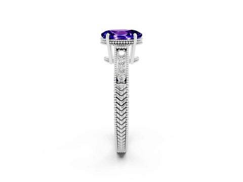 White gold Oval Cut Tanzanite Ring with Milgrain Pavé Band and Four-Prong Setting_14