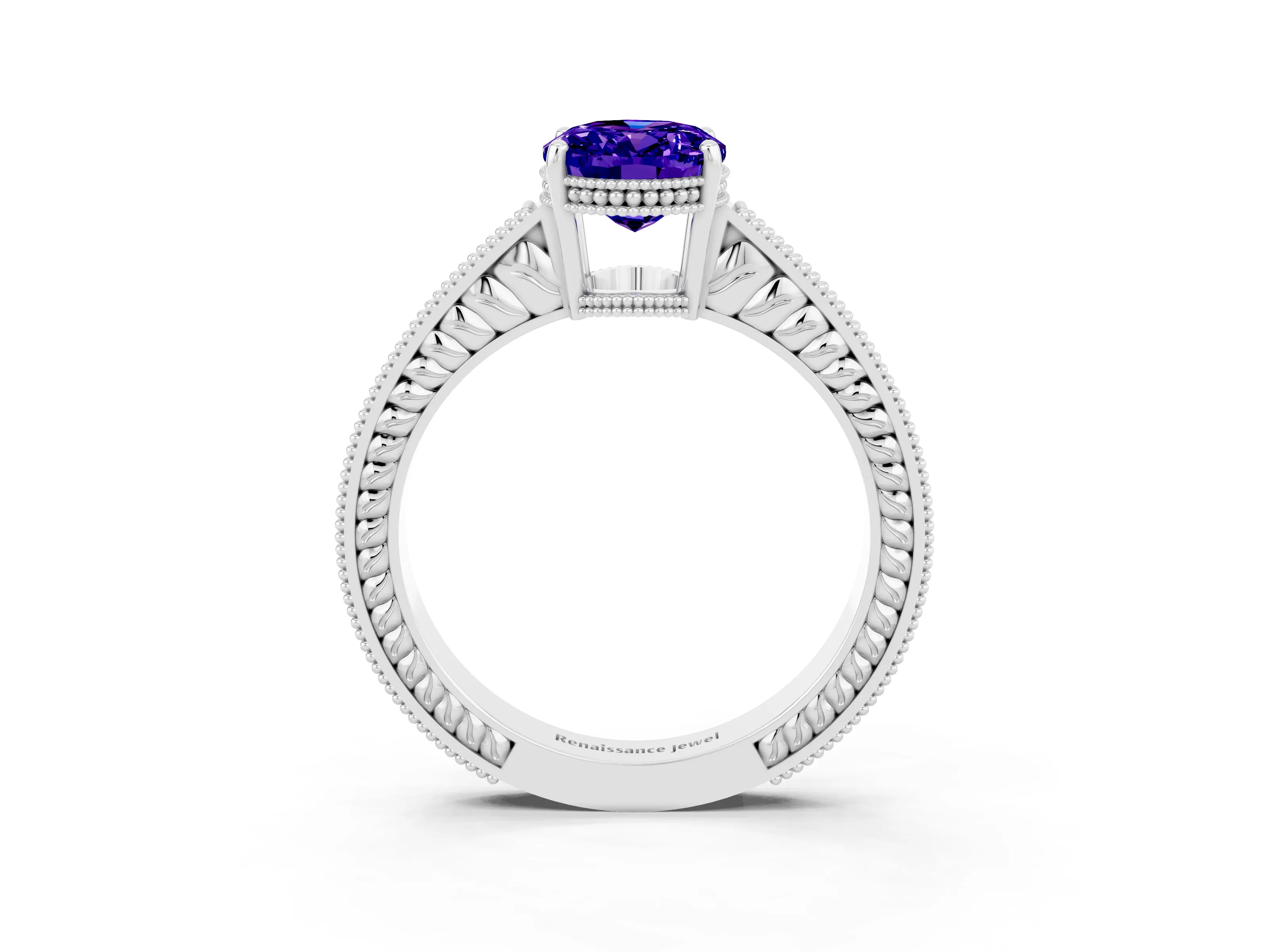 White gold Oval Cut Tanzanite Ring with Milgrain Pavé Band and Four-Prong Setting_15