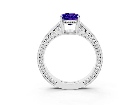 White gold Oval Cut Tanzanite Ring with Milgrain Pavé Band and Four-Prong Setting_15