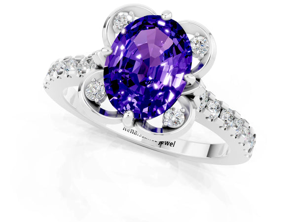 White gold Oval Cut Tanzanite Ring with Pavé Band and Floral Prong Setting