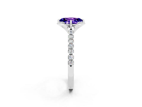 White gold Oval Cut Tanzanite Ring with Pavé Band and Floral Prong Setting_2