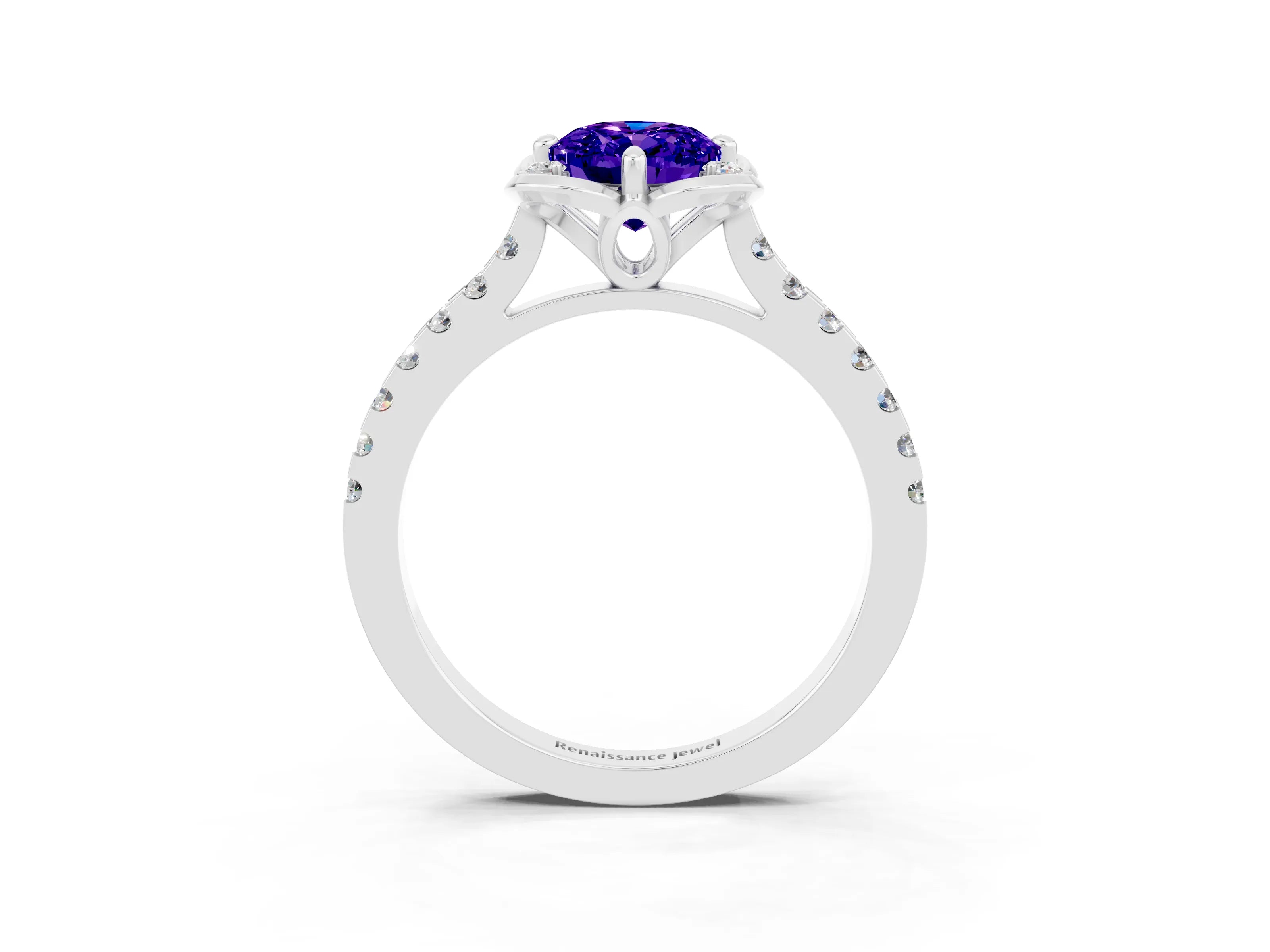 White gold Oval Cut Tanzanite Ring with Pavé Band and Floral Prong Setting_3