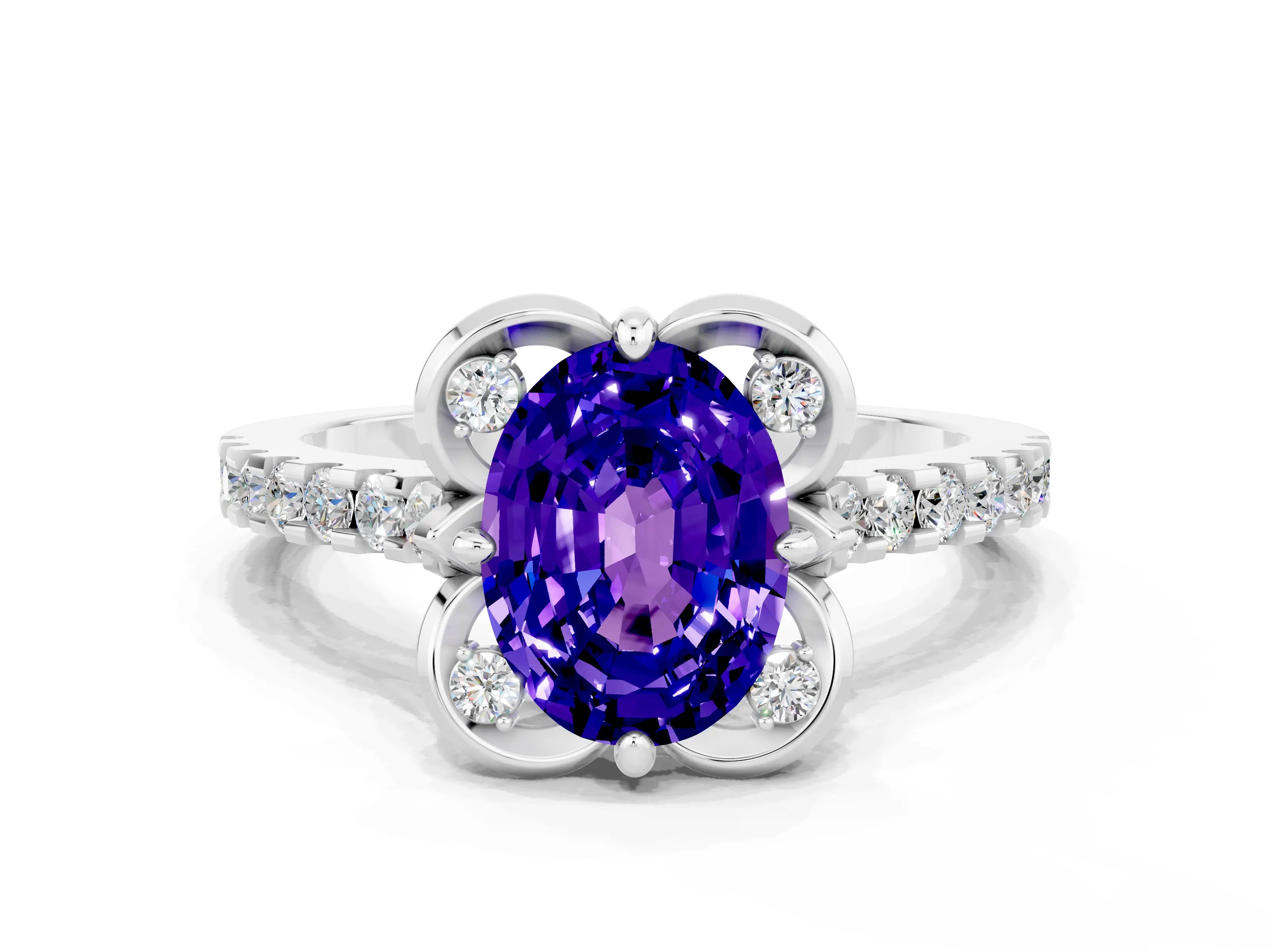 White gold Oval Cut Tanzanite Ring with Pavé Band and Floral Prong Setting