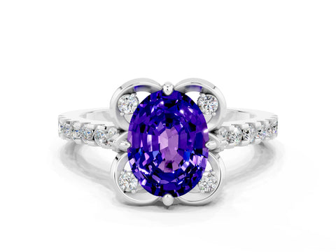 White gold Oval Cut Tanzanite Ring with Pavé Band and Floral Prong Setting