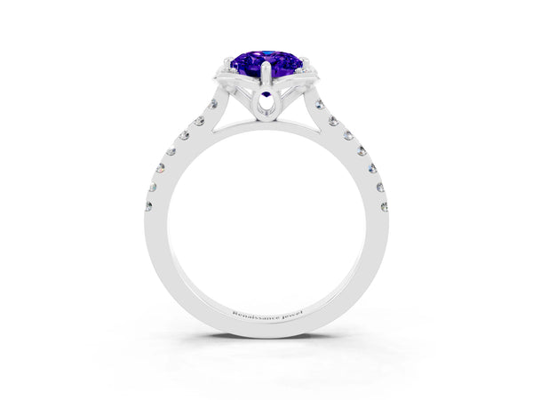 White gold Oval Cut Tanzanite Ring with Pavé Band and Floral Prong Setting