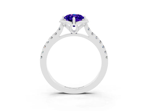 White gold Oval Cut Tanzanite Ring with Pavé Band and Floral Prong Setting_3