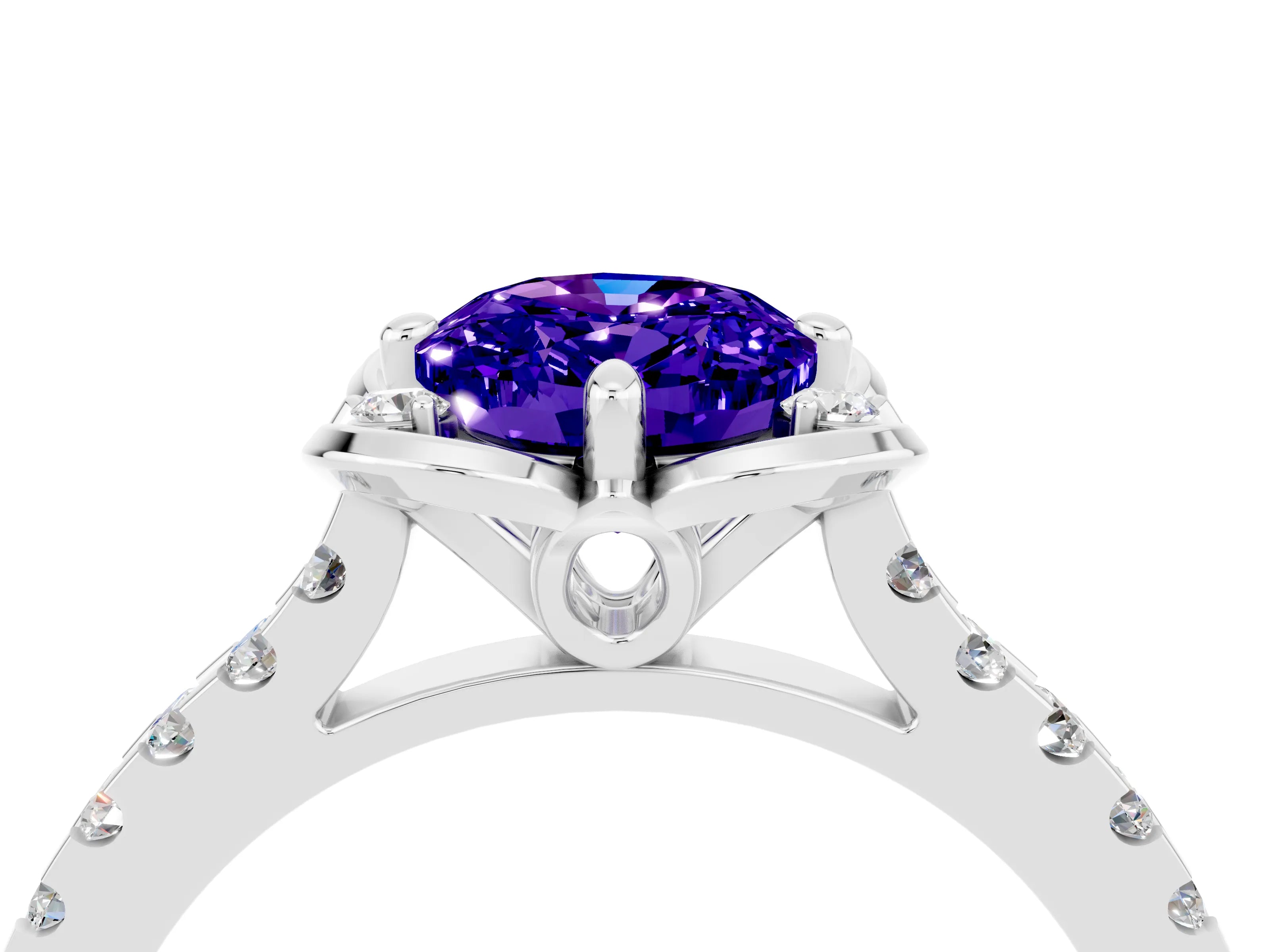 White gold Oval Cut Tanzanite Ring with Pavé Band and Floral Prong Setting_4