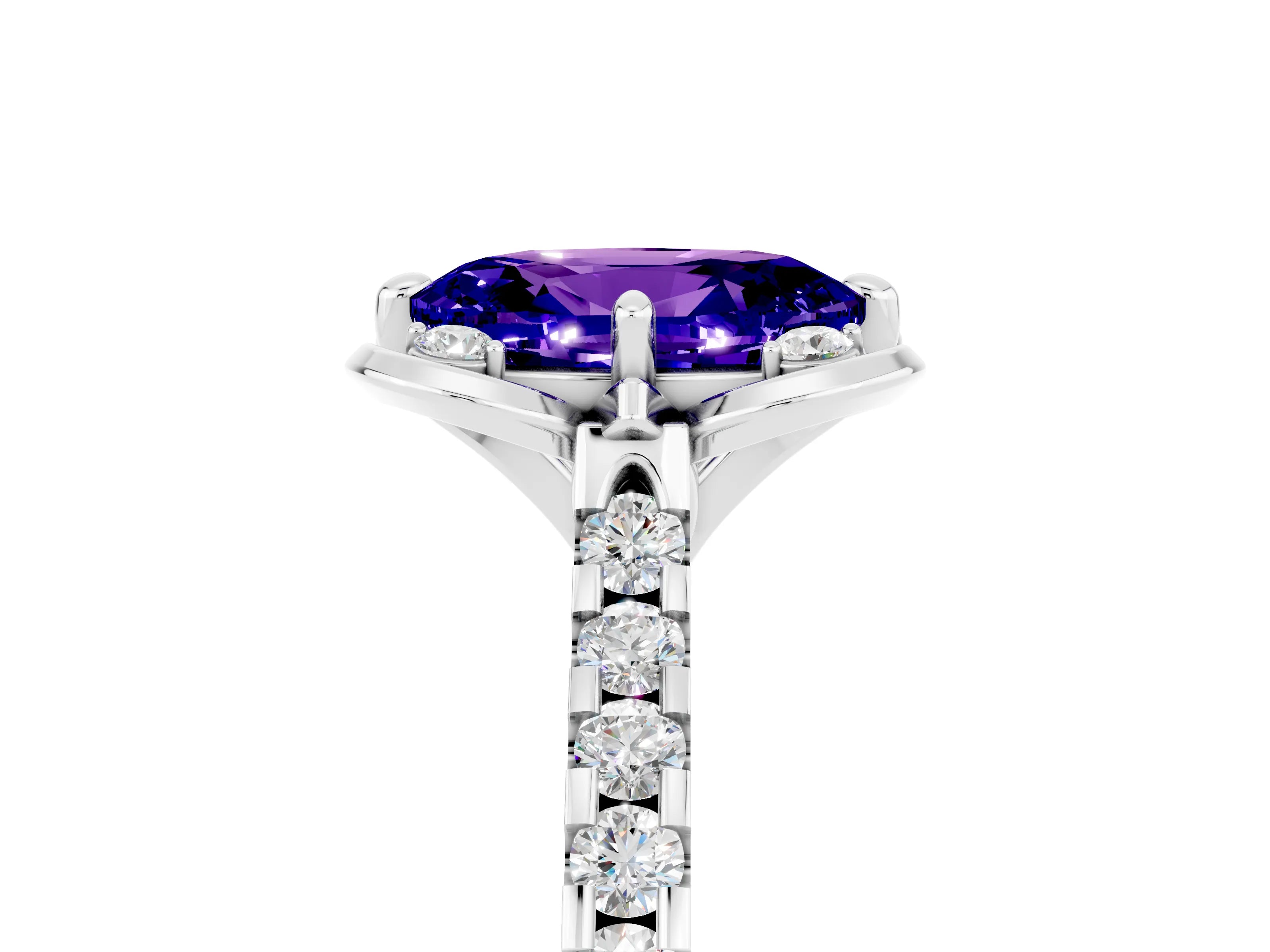 White gold Oval Cut Tanzanite Ring with Pavé Band and Floral Prong Setting_5