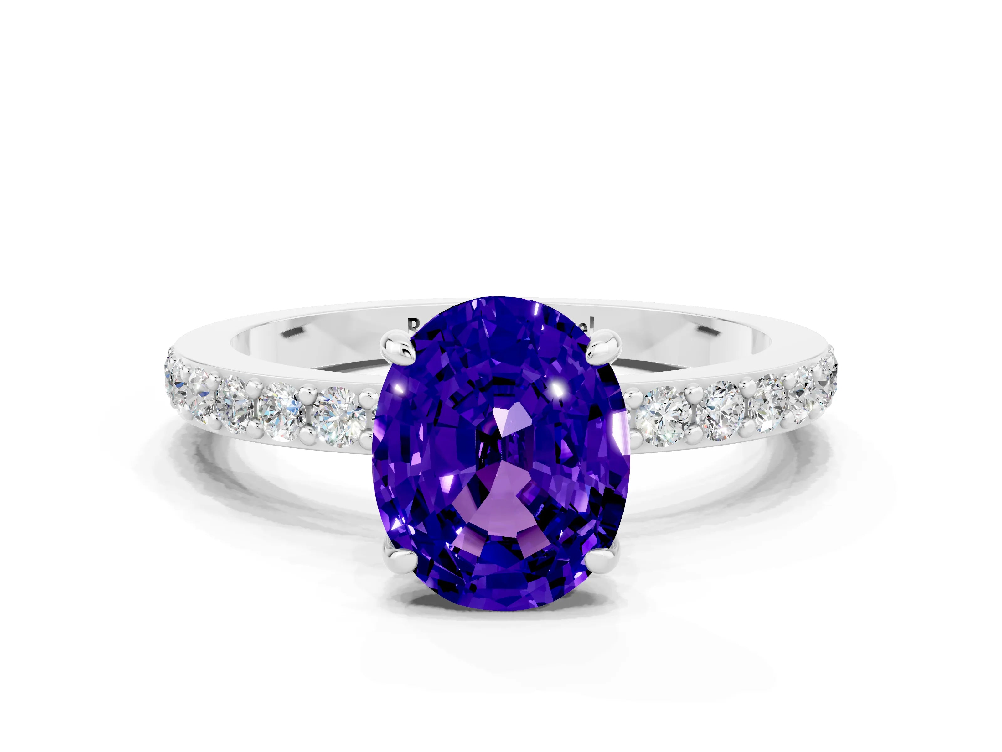 White gold Oval Cut Tanzanite Ring with Pavé Band and Four-Prong Setting