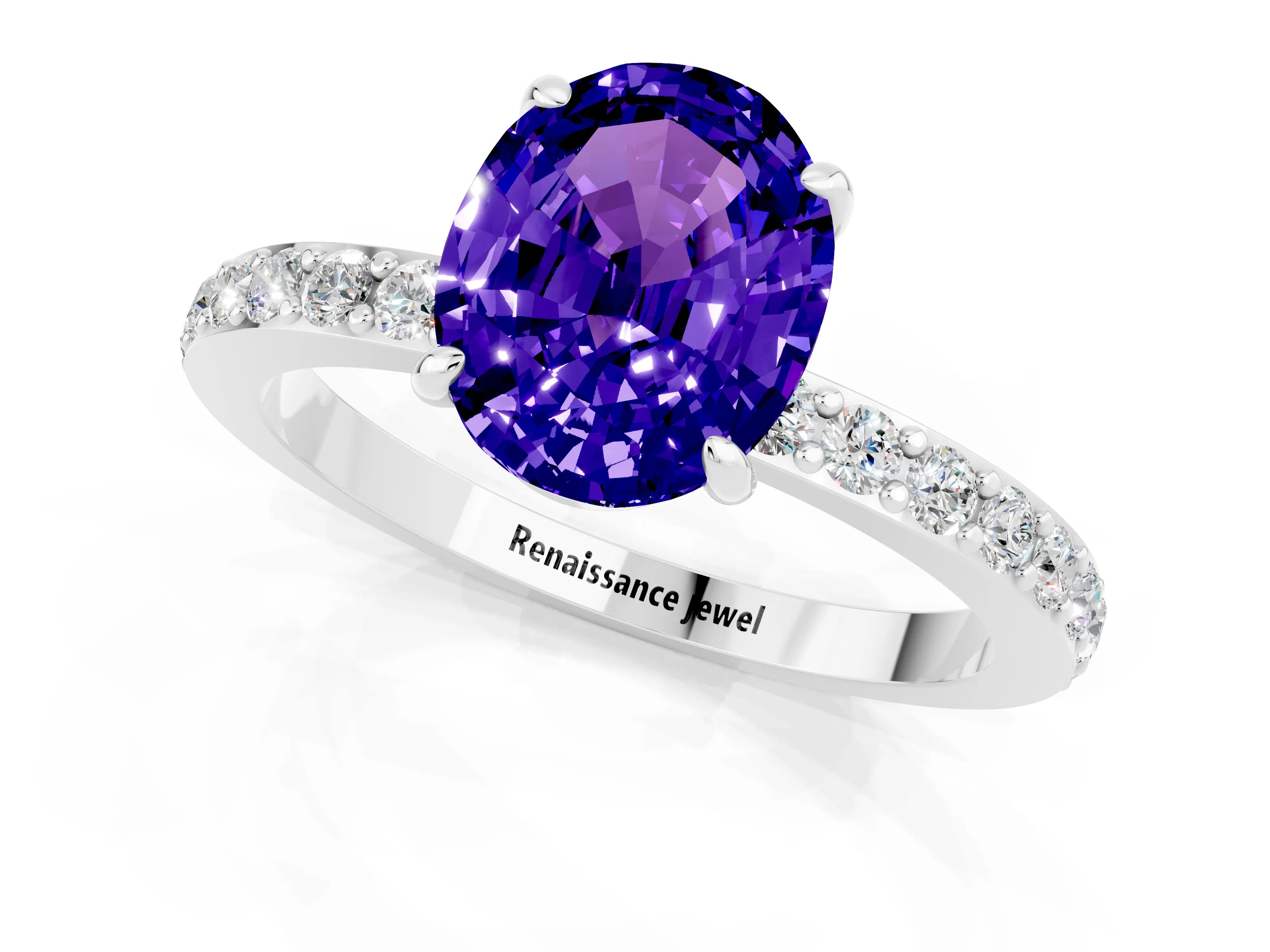 White gold Oval Cut Tanzanite Ring with Pavé Band and Four-Prong Setting_1