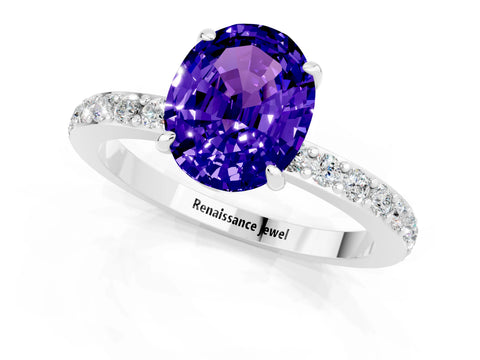 White gold Oval Cut Tanzanite Ring with Pavé Band and Four-Prong Setting_1