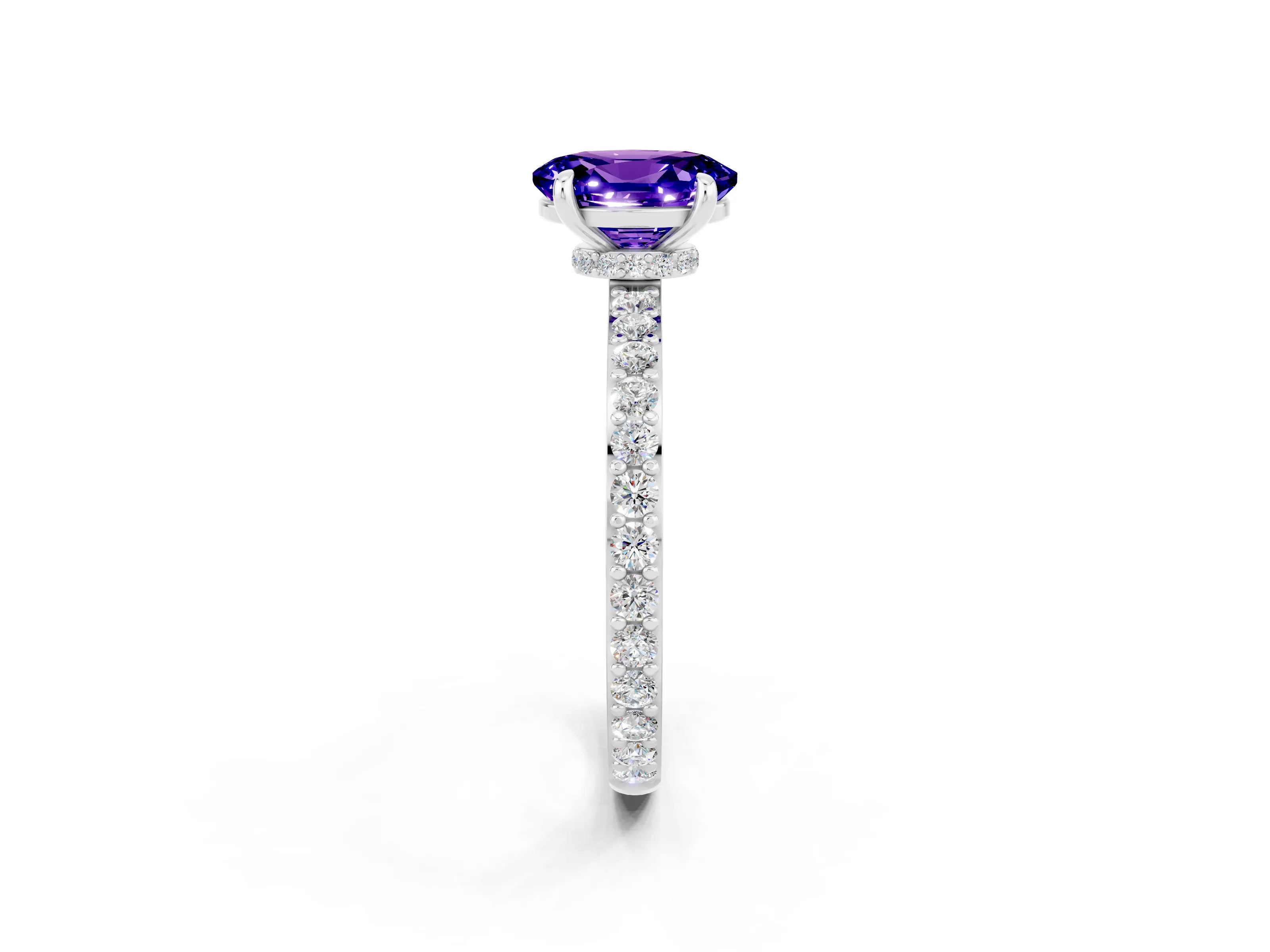 White gold Oval Cut Tanzanite Ring with Pavé Band and Four-Prong Setting_2