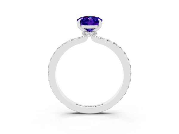 Platinum Oval Cut Tanzanite Pavé Engagement Ring with Round  Accents and Prong Setting