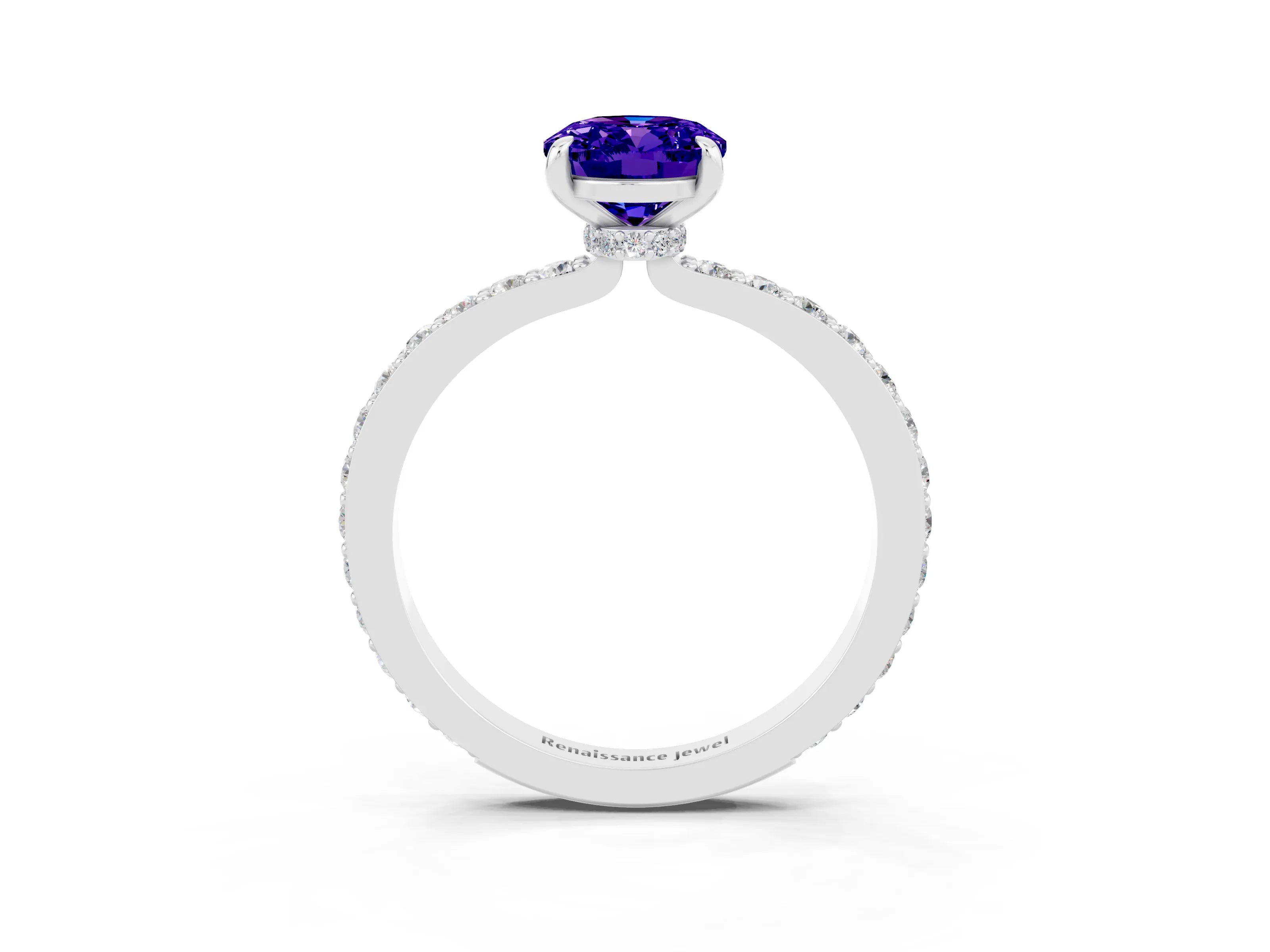 White gold Oval Cut Tanzanite Ring with Pavé Band and Four-Prong Setting_3