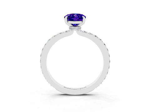 White gold Oval Cut Tanzanite Ring with Pavé Band and Four-Prong Setting_3
