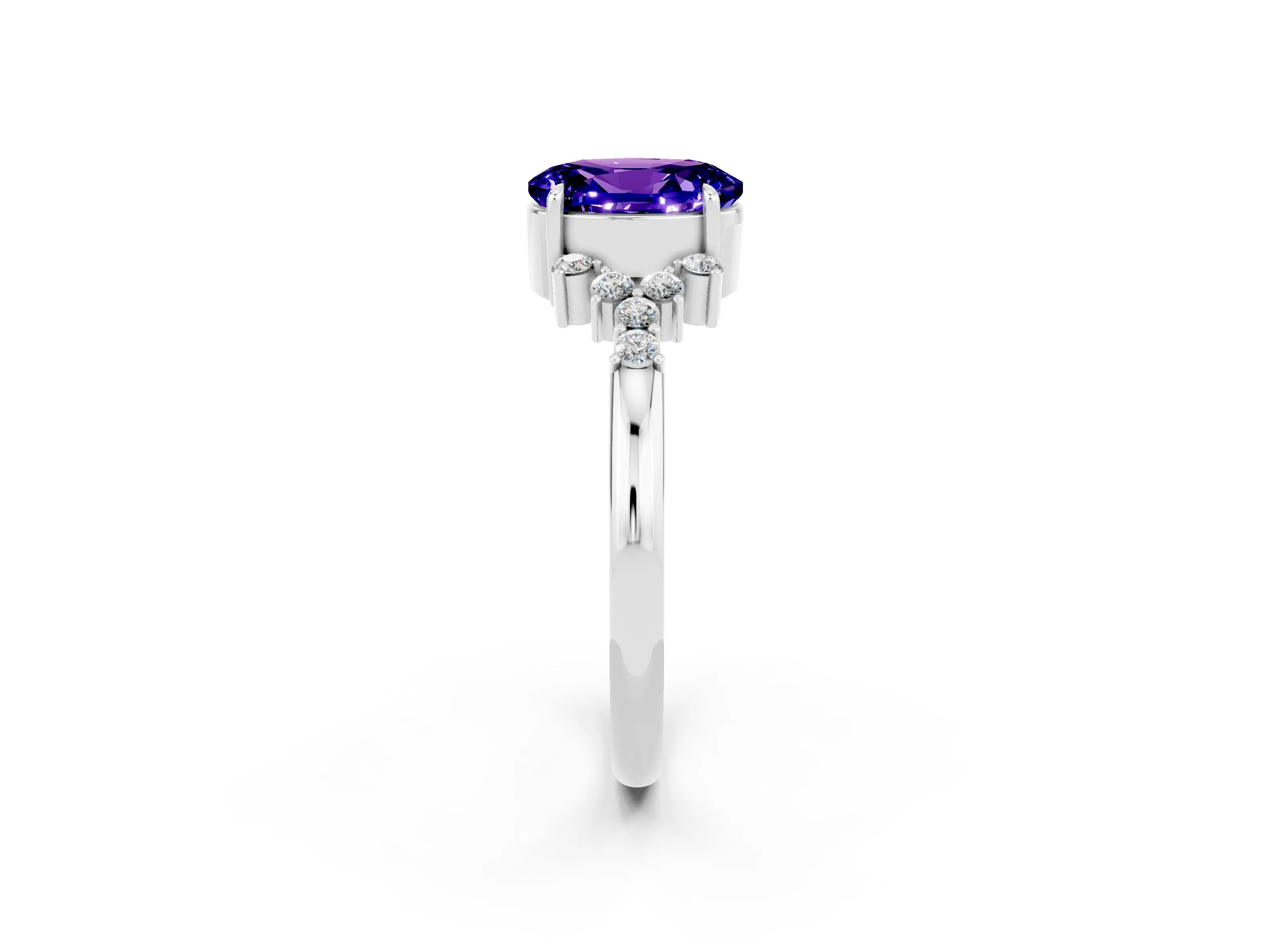 White gold Oval Cut Tanzanite Ring with Side Stones and Four-Prong Setting_74
