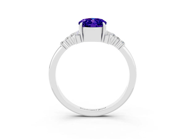 White gold Oval Cut Tanzanite Ring with Side Stones and Four-Prong Setting