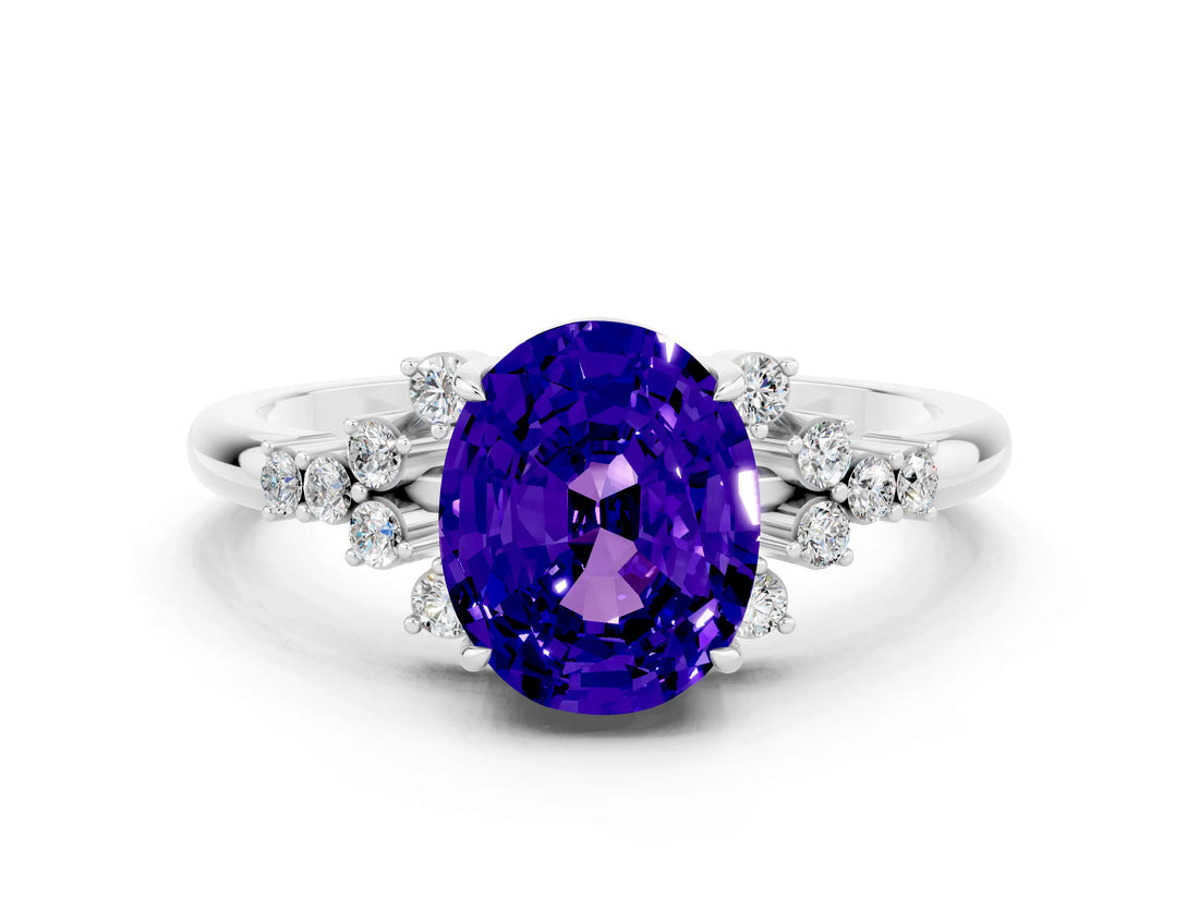White gold Oval Cut Tanzanite Ring with Side Stones and Four-Prong Setting_84