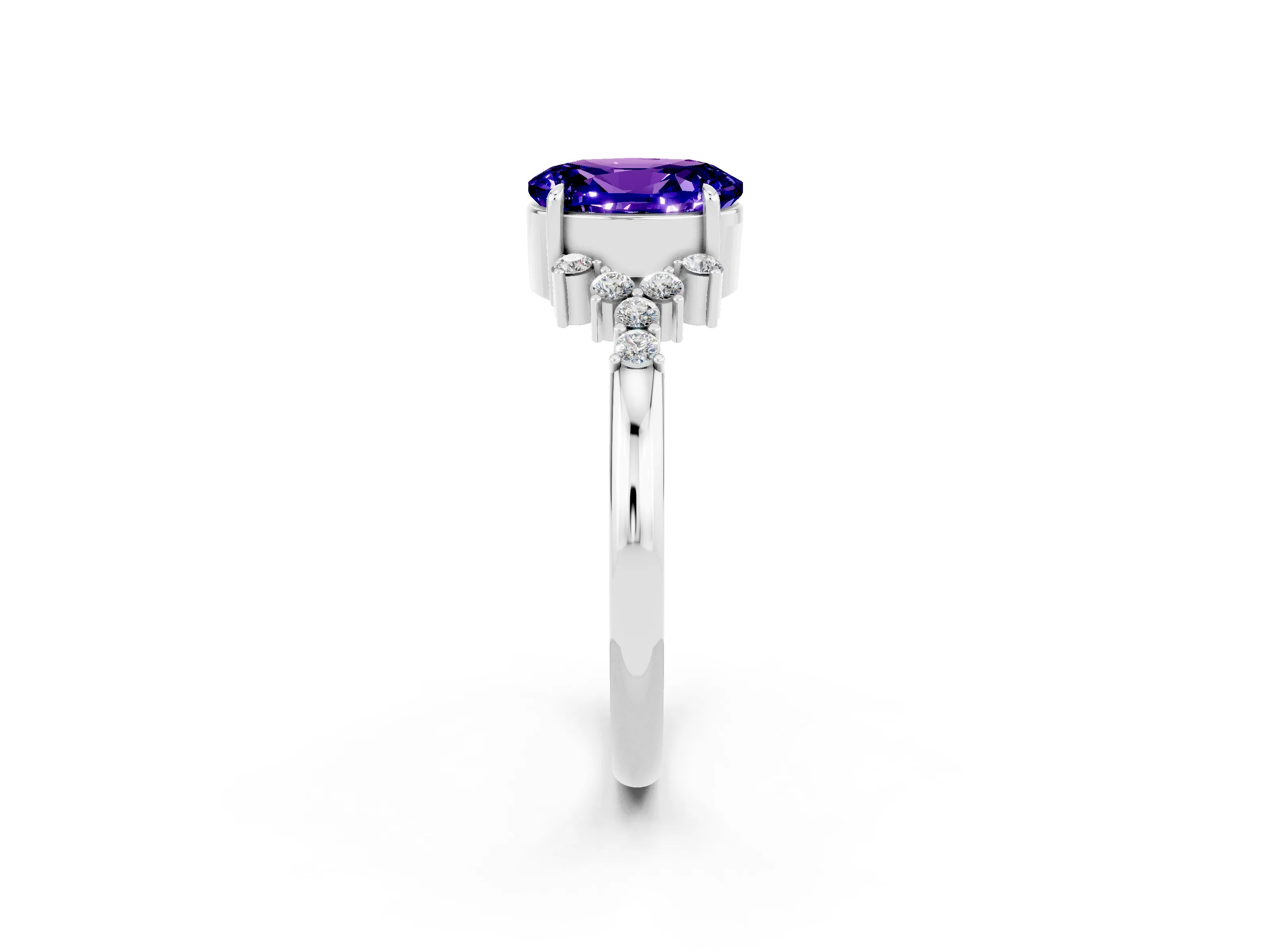 White gold Oval Cut Tanzanite Ring with Side Stones and Four-Prong Setting_86
