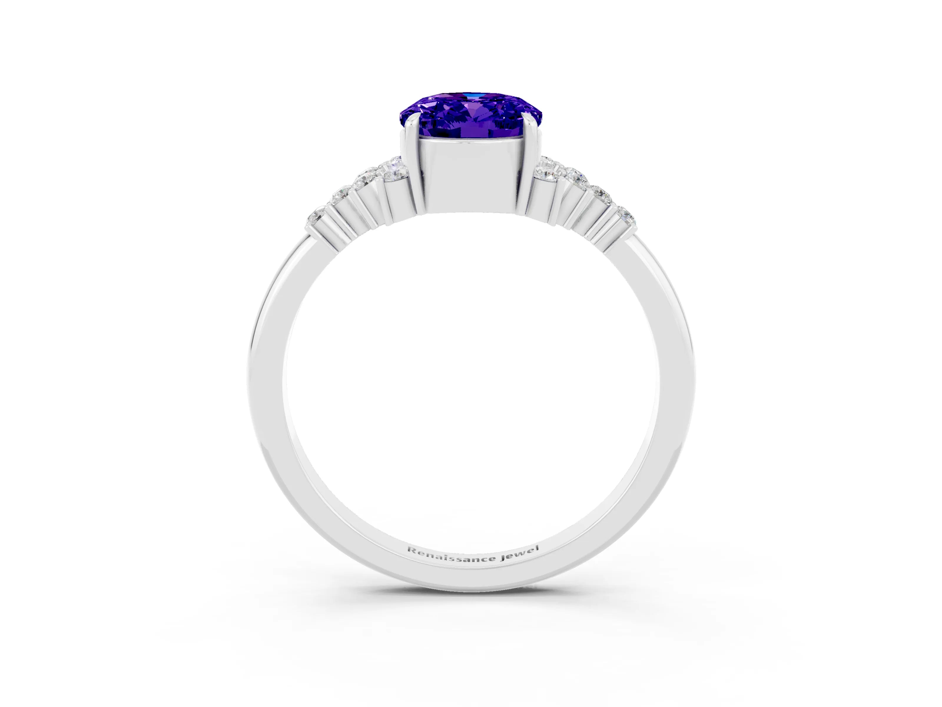 White gold Oval Cut Tanzanite Ring with Side Stones and Four-Prong Setting_87