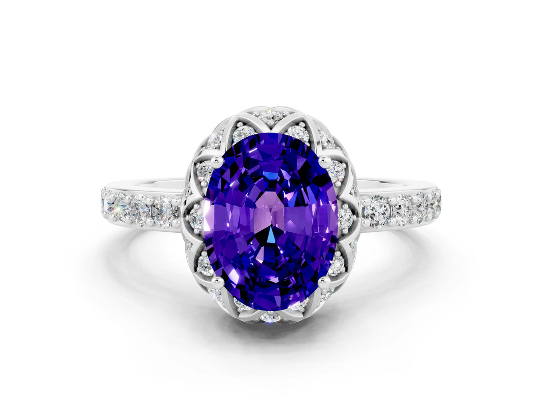 White gold Oval Cut Tanzanite Scalloped Halo Engagement Ring with Round Shared Prong Band_12