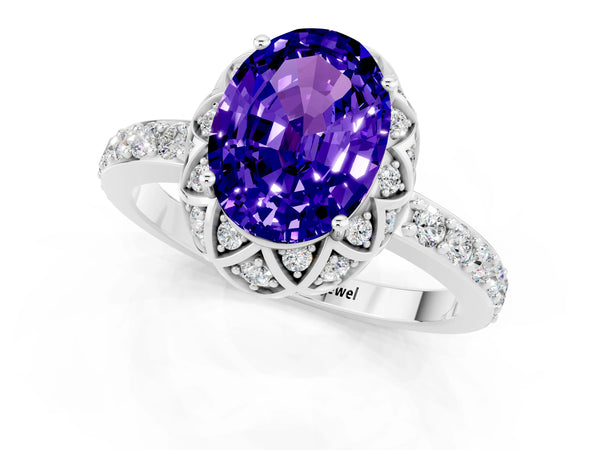 Platinum Oval Cut Tanzanite Scalloped Halo Engagement Ring with Round Shared Prong Band