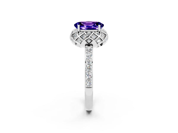 White gold Oval Cut Tanzanite Scalloped Halo Engagement Ring with Round Shared Prong Band