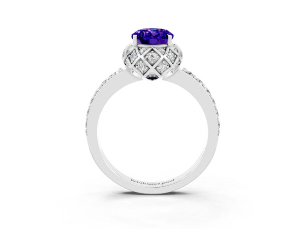 Platinum Oval Cut Tanzanite Scalloped Halo Engagement Ring with Round Shared Prong Band