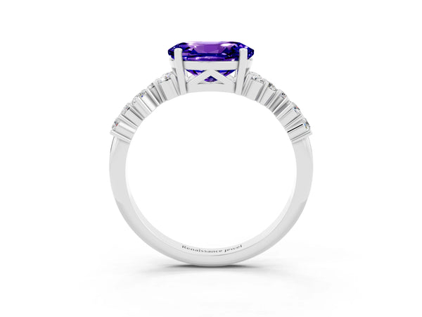 White gold Oval Cut Tanzanite Scattered Round Accent Ring with Prong Setting